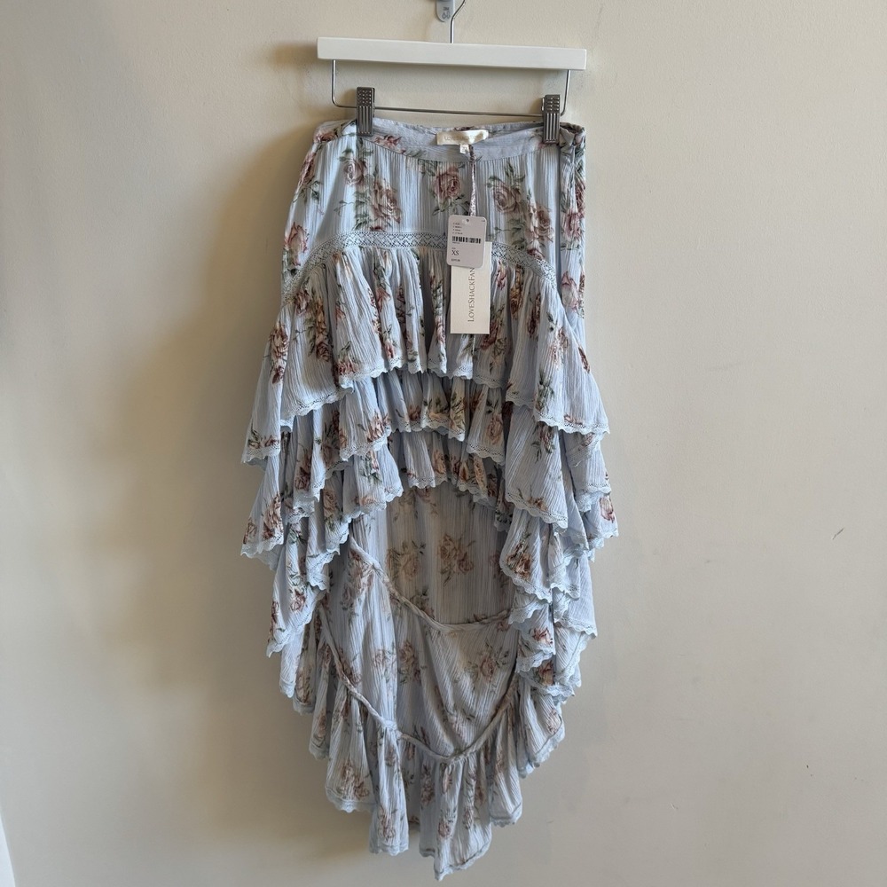 NWT LoveShackFancy Elle Skirt XS Blue Floral High Low Ruffle Lace Boho Romantic